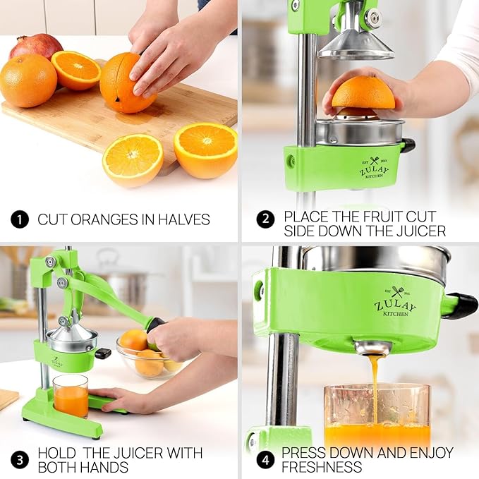 Zulay Kitchen Cast-Iron Orange Juice Squeezer - Heavy-Duty, Easy-to-Clean, Professional Citrus Juicer - Durable Stainless Steel Lemon Squeezer - Manual Citrus Press & Orange Squeezer (Light Green)