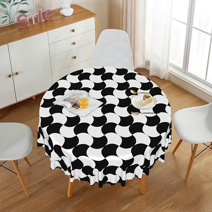 Laeacco 54 Inch Geometric Round Tablecloth Black and White Abstract Pattern Modern Art Print Table Cloth Washable Waterproof Wrinkle Free Table Cover for Kitchen Dining Picnic Party Decoration