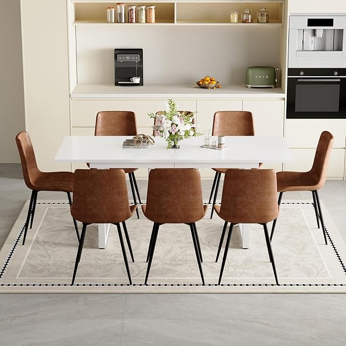 Extendable Dining Table Set for 8, 55"–71" Modern White Kitchen Table with 8 Upholstered Chairs, Space-Saving for Living Room Apartment, Sturdy & Comfortable, Easy Assembly