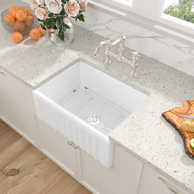 Sarlai White Farm Sink - 24 x 18 Inch Farmhouse Sink White Apron Front Ceramic Porcelain Fireclay Reversible Single Bowl Farm Farmer Sinks Laundry Utility Sinks Basin