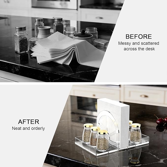 YAGELI Acrylic Napkin Holder with Storage, Clear Modern Napkin Dispenser with Magnetic Installation for Kitchen, Dining Table, Restaurant, Bar, Office & Party （Two Tray）