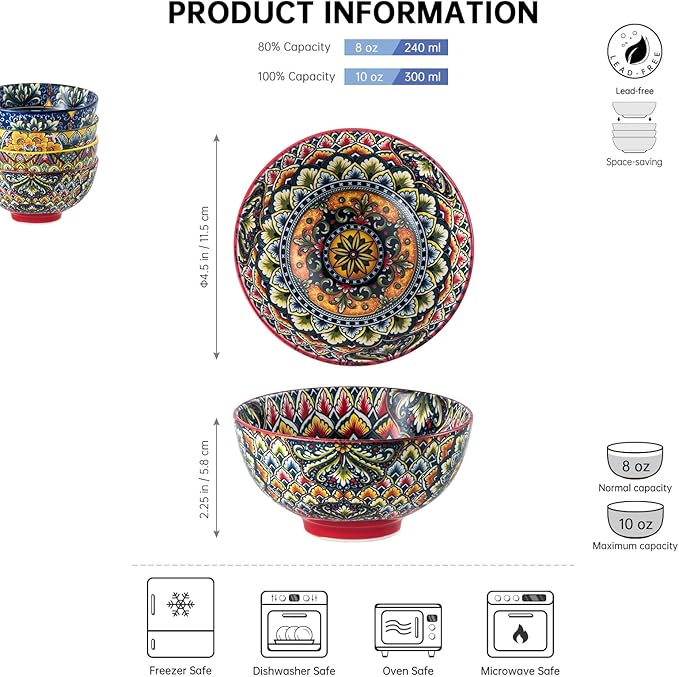Henten Home Ceramic Dessert Bowls Set of 4, Bohemia 10 oz Snack Serving Bowl, Porcelain Colorful Bowls for Sauce, Fruits, Ice Cream, Soup, Decorative, Microwave & Dishwasher Safe