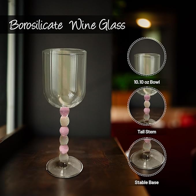 Gusto Buono 10.1oz Stemmed Wine Glass Set of 4 – Pink/White & Green/White Stem Handmade Glasses | Heat-Resistant, Dishwasher & Microwave Safe, Perfect for White & Red Wine, Dining, Parties, & Gifts
