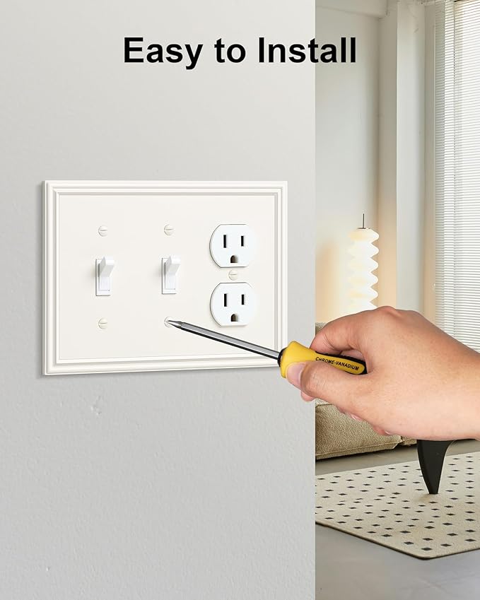 2-Pack Combo Double Toggle/Single Duplex Outlet Covers, Durable Zinc Alloy Decorative Switch Plate Covers, Light Almond 4 Gang Switch Plates, Corrosion Resistant