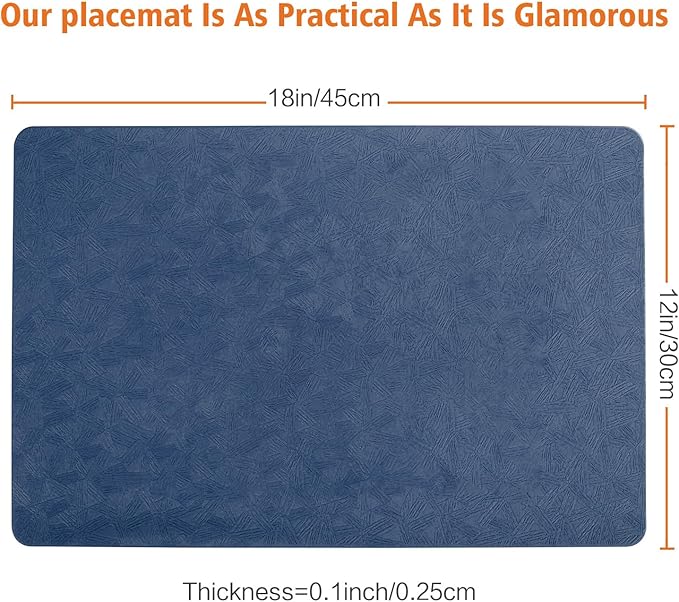 Vinyl Placemats Set of 4 Heat Resistant Easy Clean Non-Slip Place Mats for Dining Table Faux Leather Waterproof Stain Resistant Wipeable Washable PVC Table Mats(4, Blue)