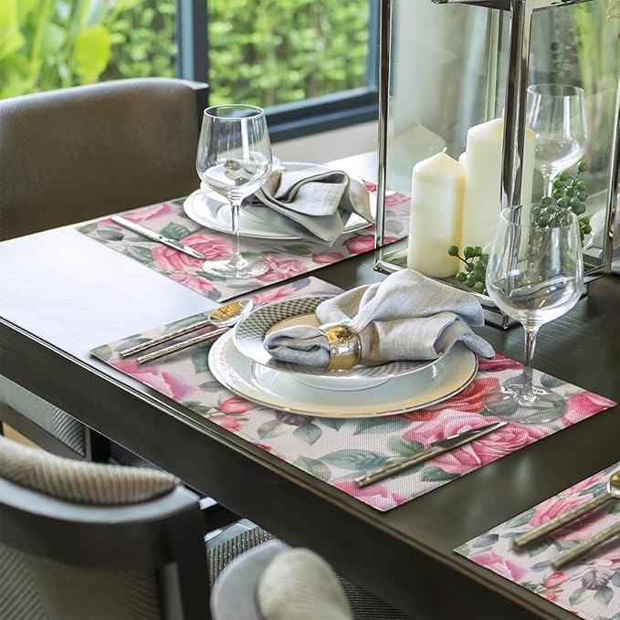 Pink Rose Placemats Set of 4, Washable Elegant Vintage Placemats, Non-Slip Table Rectangle Linen Place Mats for Kitchen Dining Party Farmhouse Home Indoor Table Decor