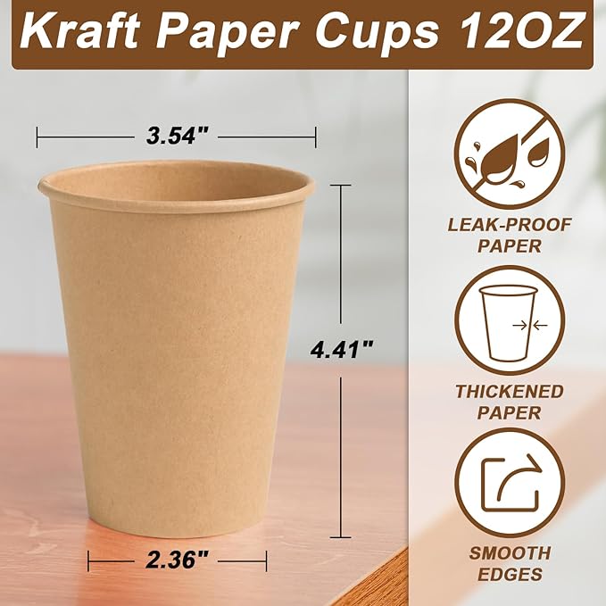 300 Pack 12 oz Paper Coffee Cups, Disposable Kraft Coffee Cups, Hot/Cold Drinking Cup for Water, Coffee, Juice
