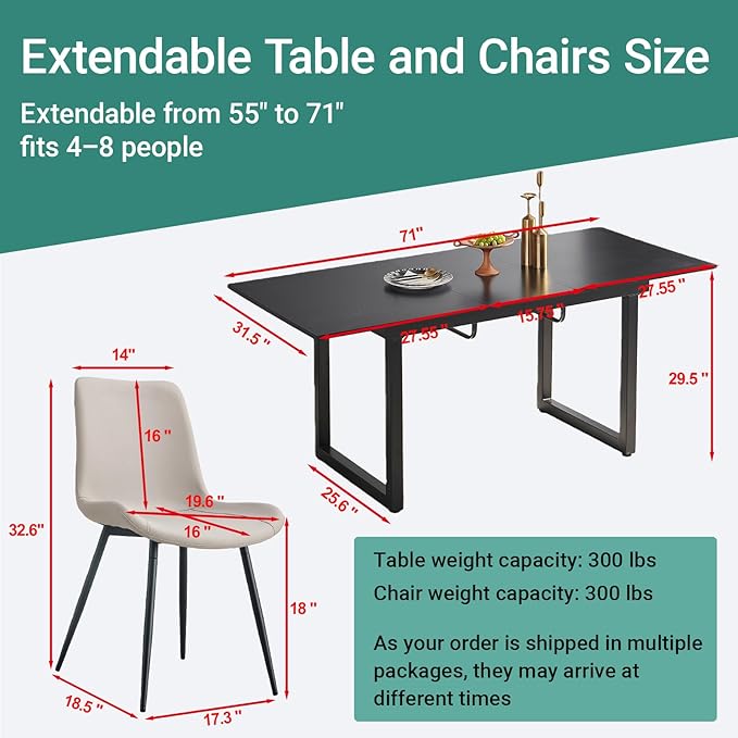 Extendable Dining Table Set for 4, 55"–71" Modern Black Kitchen Table with 4 Upholstered Chairs, Space-Saving for Living Room Apartment, Sturdy & Comfortable, Easy Assembly