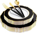 WDF 30Guest Black and Gold Plastic Plates - New Year Plates - Gold Plastic Silverware With Black Handle Baroque Black and Gold Disposable Dinnerware for New Year &Parties