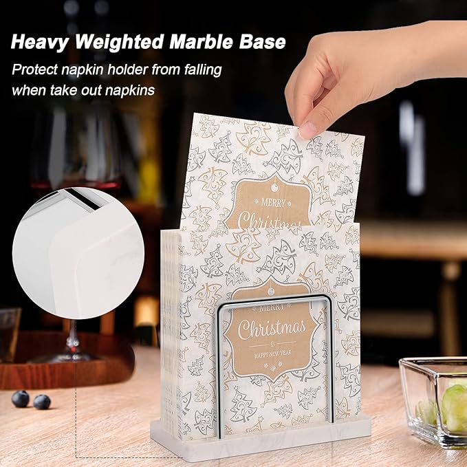 Livabber Napkin Holder, Metal Napkin Storage Modern Freestanding Tissue Paper Dispenser for Table Kitchen Countertop (Marble Base, Chrome)