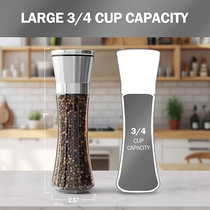 Home EC Original Stainless Steel Sea Salt and Pepper Grinder Set of 4 - Adjustable Ceramic - Tall Glass Salt and Pepper Shakers Mills - Modern Kitchen Spice Mill W/Funnel & EBook