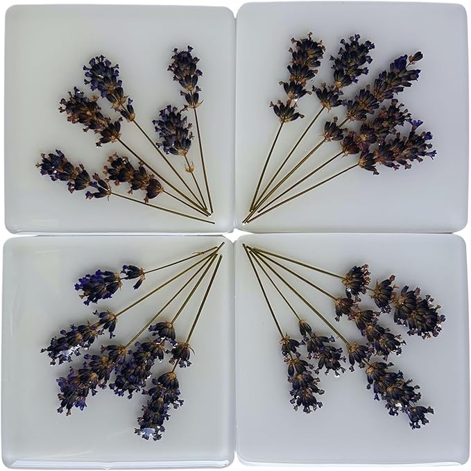 Handcrafted Pressed Lavender Resin Coasters White with Cork Base, Decorative Table Protection (4, Square)