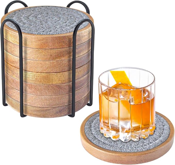 Wood Coasters for Drinks, Absorbent Coaster Sets of 8, Woven Drink Coasters for Coffee Table, Housewarming Gift for Farmhouse Home Decor,4.3 inches Gray