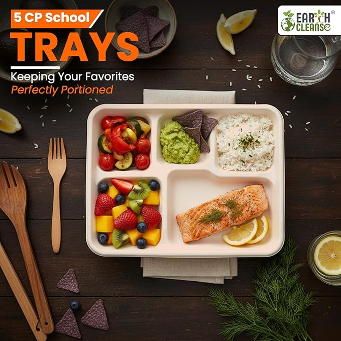 case of 200 5-Compartment School Tray – Eco-Friendly, Biodegradable, Microwave & Freezer Safe – Ideal for Catering, Takeaway & Events – Bulk Pack – Sustainable Disposable Tableware