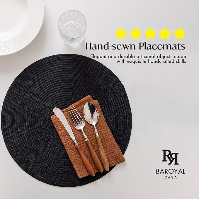 Round Placemats Set of 4 Woven Placemats Washable Braided Table Mats for Dining Table Heat Resistant Non-Slip Circle Place Mats(Black)