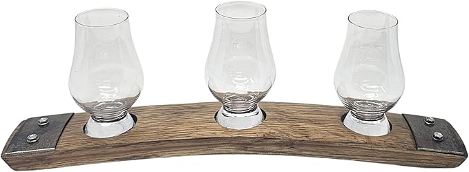 Barrel Stave Premium 3 Glass Whiskey Flight Serving Tray with Glencairn Glasses, Dark Walnut