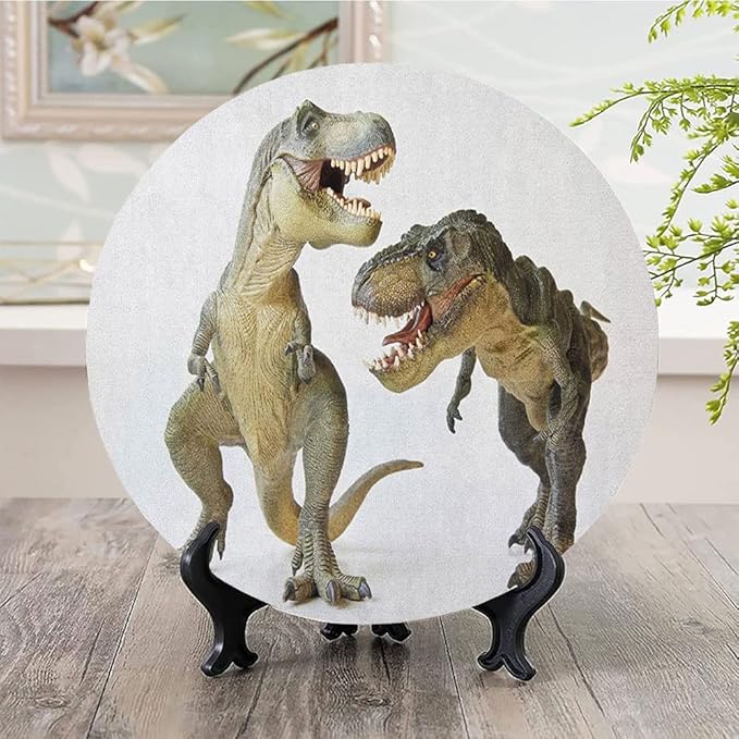 Ceramic Display Plate, Dinosaur Ceramic Hanging Decorative Plate, Tyrannosaurus Rex Pair Facing Off Ferocious Creatures, 7 Inch, Living Room Kitchen Decoration Household, Ivory Brown Grey