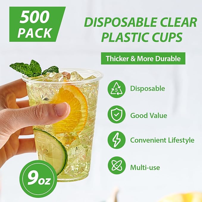 Lilymicky 500 Pack 9 oz Clear Plastic Cups, Disposable Drinking Cups, Plastic Party Cups for Birthday Parties, Picnics, Ceremonies, and Any Events