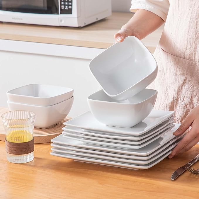 vancasso Soho Dinnerware Sets 12 Pieces, White Stoneware Square Place Setting, Dinner Plate, Dessert Plate, Bowls Service for 4