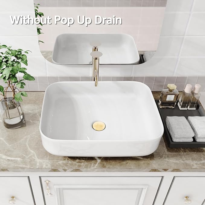 ELLAI Bathroom Vessel Sink Rectangle Above Counter Porcelain Ceramic Top Mount Rectanglar Countertop Sink for Bathroom 19.7"x15.2"x5.4" Glossy White