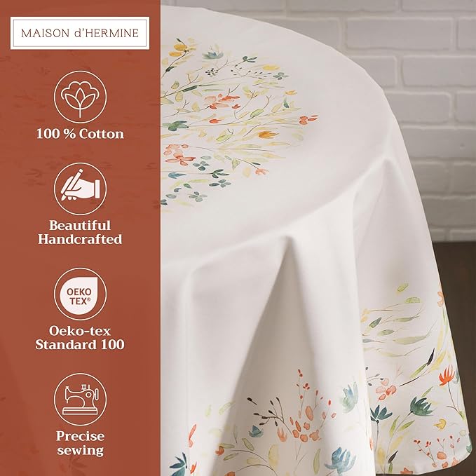 Maison d' Hermine Table Cloth Round Table 100% Cotton 63 Round Inches Tablecloth Reusable Decorative for Dining Room Farmhouse Home Valentines Day Decorations Spring Summer - Colmar