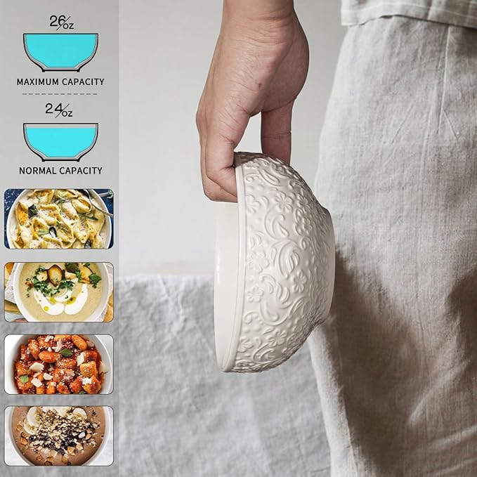 Artena Ceramic Cereal Bowls 26 oz, Embossment Soup Bowls Set of 4, White Salad Bowl for Kitchen, Dinner, Breakfast, Oatmeal, Rice, Pasta, Dishwasher Microwave Safe, 6 inch (Flower)