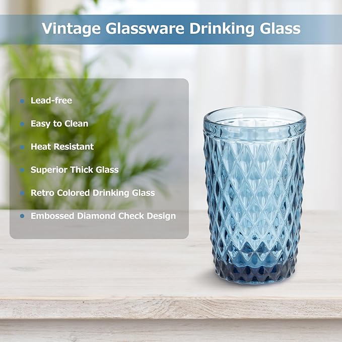 Topsky Highball Drinking Glasses Set of 6,12 oz Colored Glassware with Geometric Diamond Pattern,Embossed Diamond Tumblers,Blue Vintage Glassware Set for Beer,Juice,Cocktail