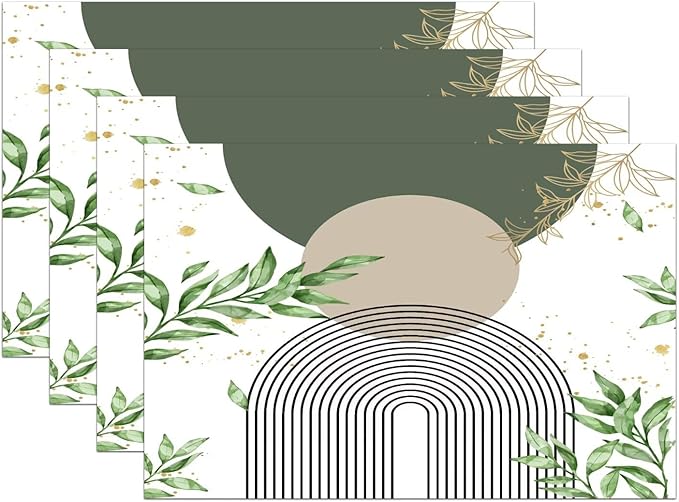 Boho Sage Green Placemats Abstract Bohemian Mid Century Modern Gold Leaves Plant Olive Grey Minimalist Washable Place Mats 12x18Inch for Dining Kitchen Farmhouse Decor 4 PCS