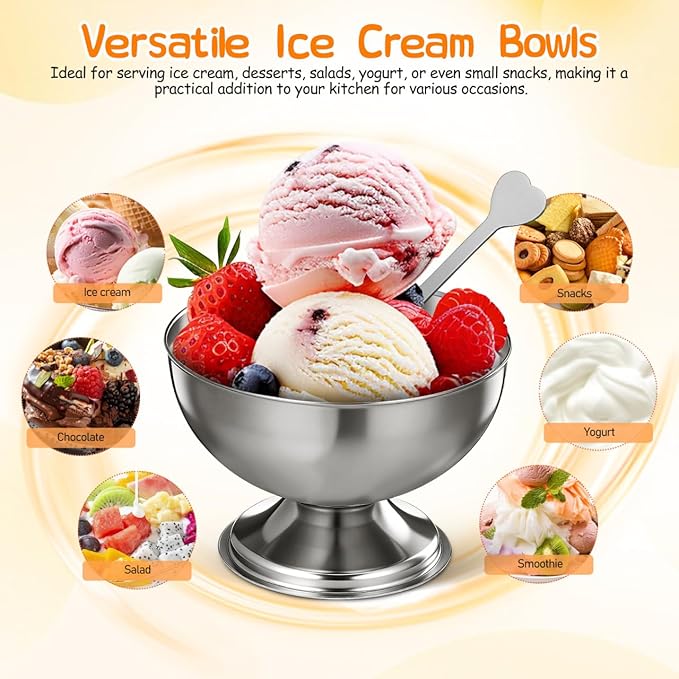 Totority Stainless Steel Ice Cream Bowls 4 Set – Footed Dessert Cups for Sundae, Yogurt, Pudding, Fruit Salad, Snacks Stackable Serving Dishes for Home Parties Restaurants with Modern Polished Look