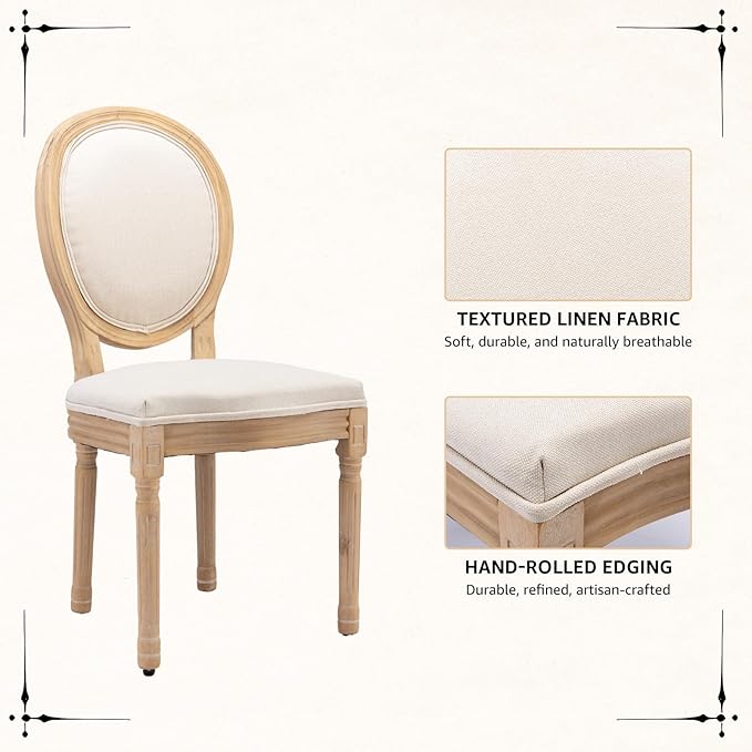 Vintage French Dining Chairs Set of 8, Round Back Accent Chairs with Linen Seat and Solid Wood Frame, Farmhouse Sillas de Comedor Upholstered for Dining Room & Kitchen, Beige