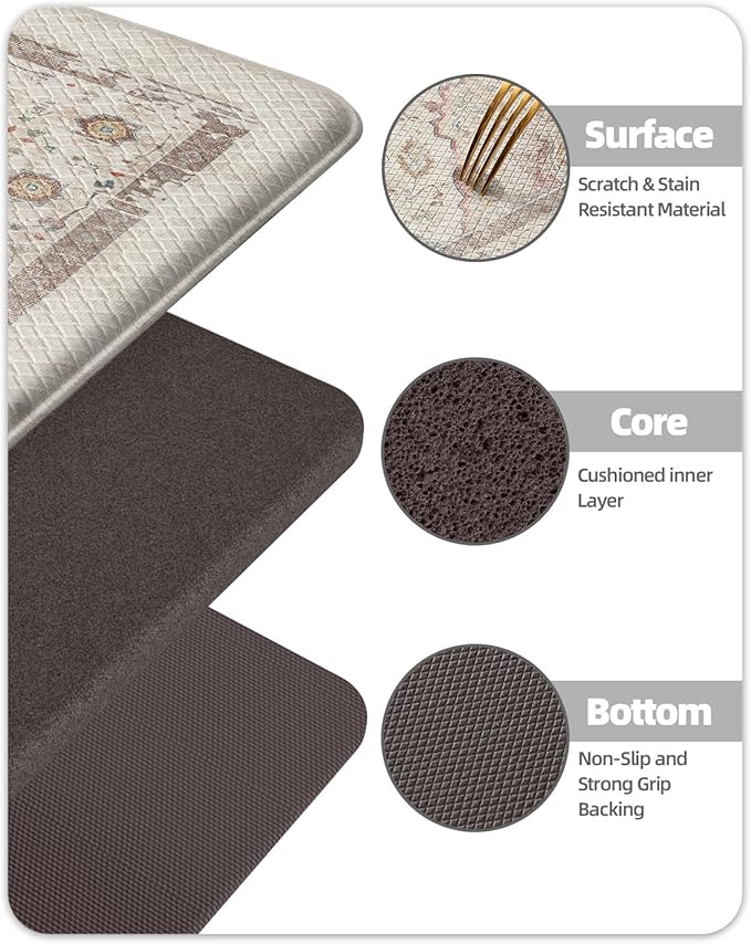 Color&Geometry Kitchen Floor Mats Anti Fatigue, Cushioned Boho Rugs,Waterproof Non Slip Kitchen Runner for Sink, Standing Mats for Office,24"x87",Oatmeal