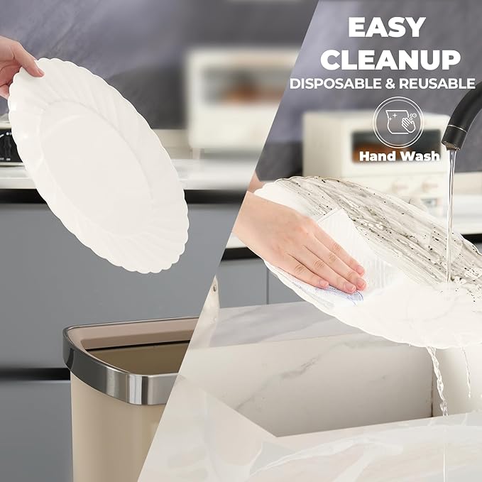 U-QE 25 Count Ivory Christmas Plastic Plates - 15.6 inch Oval Plates Disposable Plates Heavy Duty For Big Eaters, Ivory Disposable Platters Ideal for Christmas, Party, Picnic and Weddings