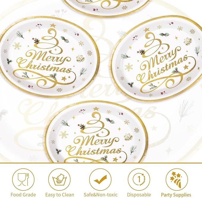 Grencian 50pcs Merry Christmas Oval Paper Plates - 10" x 12" Heavy Duty 400GSM Gold Christmas Tree Dessert Plates for Xmas Winter Holiday Party Supplies