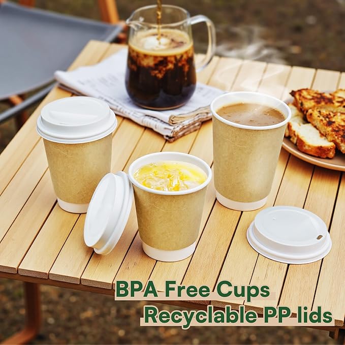 Disposable Coffee Cups with Lids 16 oz To Go Hot Cups,20 Pack Double Wall Paper Cups with Lids, BPI Compostable PLA Coated Natural Kraft Insulated Disposable Cups for Togo Office Cafe Party Travel