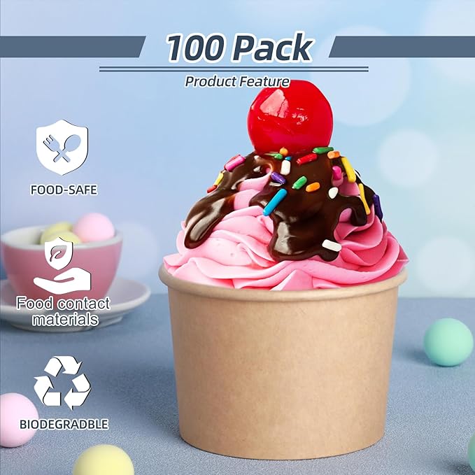 Honeydak 100 Pieces Ice Cream Soup Cups Paper 8 oz Disposable Sundae Bowls Kraft Paper Hot Cold Snack Yogurt Dessert Small Cups for Ice Cream Baby Shower Party Supplies, Brown Disposable Bowls