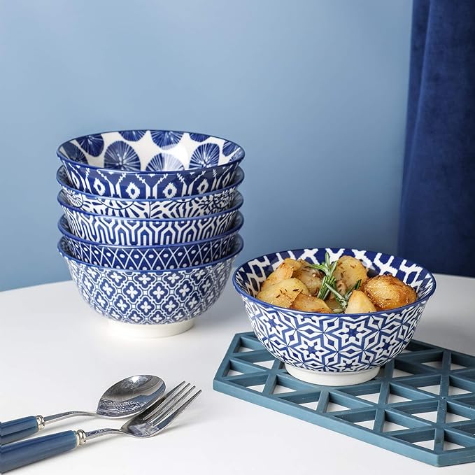 Selamica Porcelain 11oz Ice Cream Bowls Set of 6, Small Bowls, Ceramic bowls for Dessert, Ice Cream, Vintage Blue