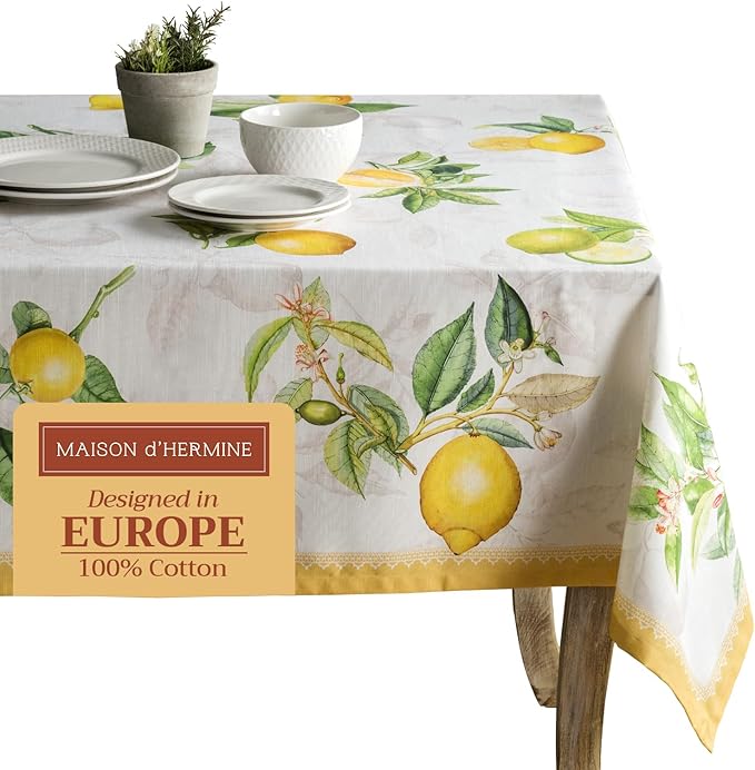 Maison d' Hermine Table Cloth Rectangle Table 100% Cotton 70 x 90 Inches Tablecloth Reusable Decorative for Dining Room Farmhouse Home Valentines Day Decorations Spring Summer - Limoncello