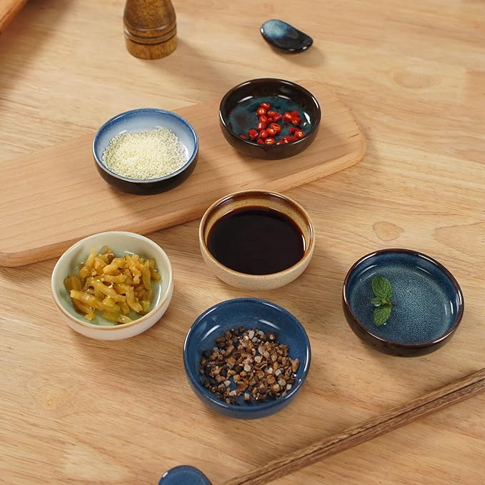 3.35 Inch Ceramic Soy Sauce Dish,Pinch Bowl,Small Dipping Bowls for Side Dishes,Appetizers,Condiments-Set of 6(Assorted Colorful)