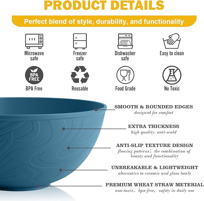 Unbreakable Large Cereal Bowls 40 OZ, Wheat Straw Bowls Set of 6, Alternative Plastic Bowls for Kitchen, Outdoors, Microwave & Dishwasher Safe Bowl Set for Salad, Cereal, Soup, Ramen, Multi
