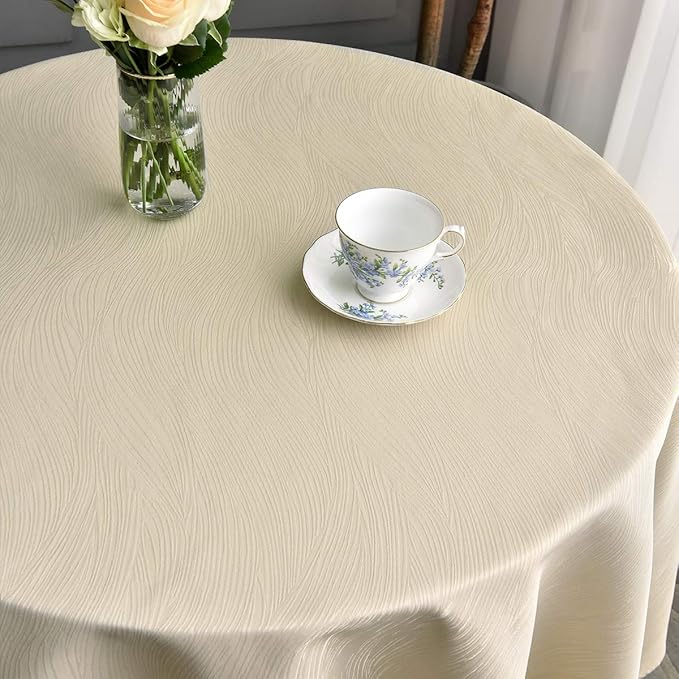 maxmill Round Jacquard Tablecloths Swirl Design Spillproof Wrinkle Free Heavy Weight Soft Table Cloth for Circular Table Cover of Buffet Banquet Parties Holiday Dinner Round 90 Inch Beige