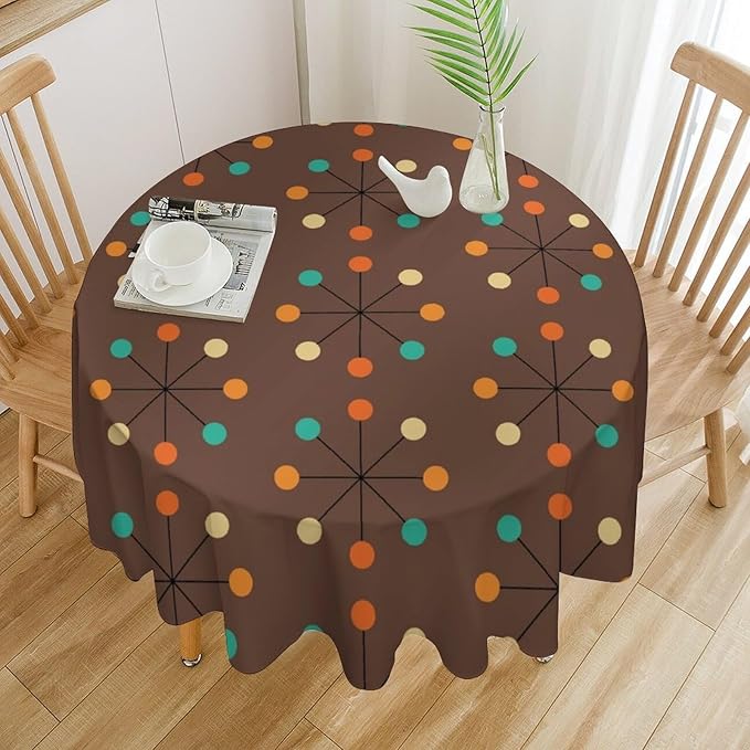 Mid Century Boho Round Tablecloth, 50s Mid Century Modern Geometric Pattern Tablecloth for Home Party Dining Room Kitchen Decor 70Inch(178cm)