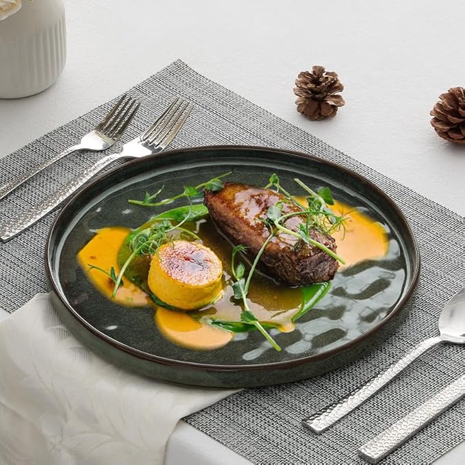 LIANYU Ceramic Dessert Plates Set of 6, 7.9 Inch Kitchen Dinner Plates Set, Porcelain Serving Dishes for Cake, Bread, Salad, Snack and Steak, Microwave, Oven and Dishwasher Safe, Ink Green