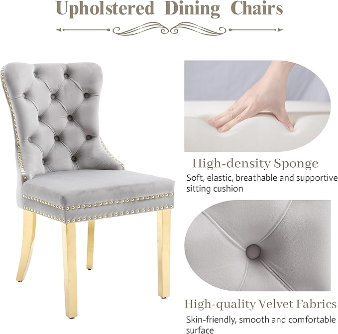 KCC Velvet Dining Chairs Set of 2, Upholstered High-end Tufted Dining Chair with Nailhead Back Ring Pull Trim Stainless Steel Legs, Contemporary Nikki Collection Modern Style for Kitchen, Light Gray