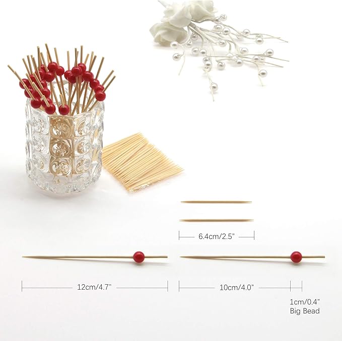 Minisland Red Pearl Cocktail Picks, 4.7 Inch Long Bamboo Fancy Toothpicks for Appetizers, Decorative Valentines Christmas Holiday Party Food Drink Garnish Fruit Kabob Skewer Sticks 100 Counts -MSL155
