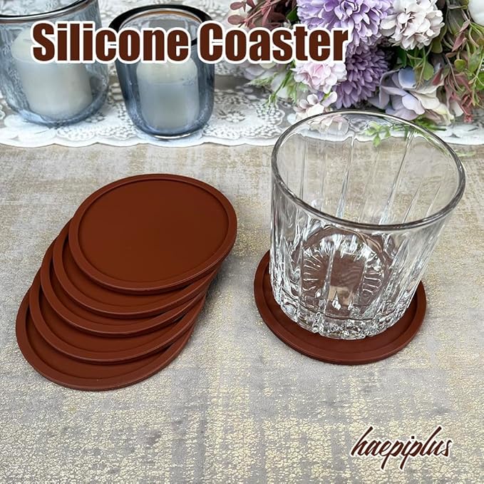 6 Pieces Silicone Coasters, Cup Coasters for Drinks, Heat Resistant Glass Cushion, Coffee Coaster for Table, Desk, Kitchen, Office, Bar Furniture Protection, Hot Cup Mat (Brown)