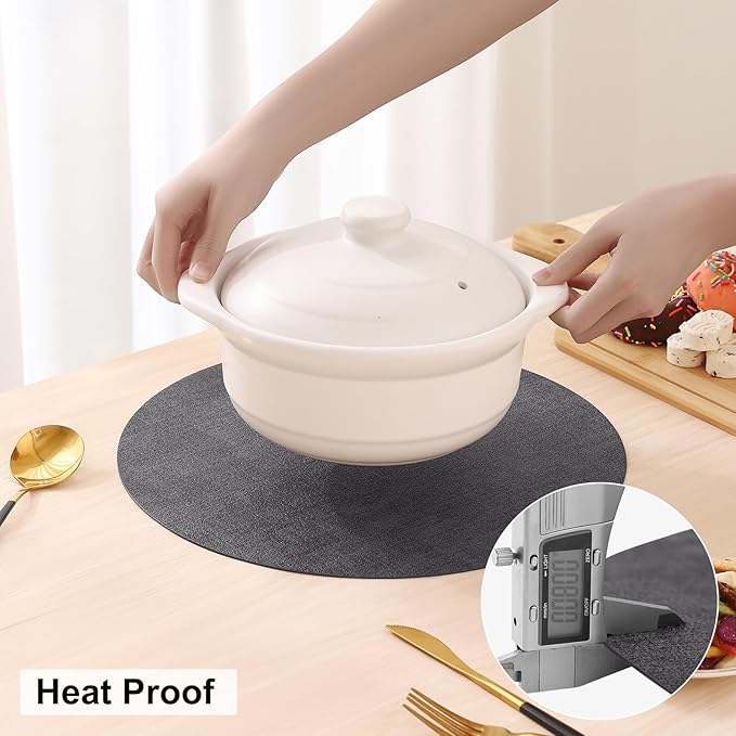 homing Round Faux Leather Placemat and Coaster 6 Packs, Washable Heat Resistant Dining Place Mats, Wipeable Double-Sided Table Mats for Indoor and Outdoor, Diameter 13 and 3.93 inch, Charcoal