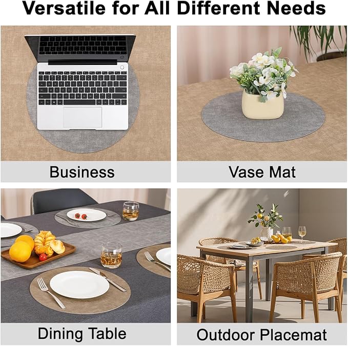 Myir JUN Reversible Vinyl Round Placemats Set of 6, Faux Leather Place Mats Dual Sided Waterproof Oilproof Wipeable, Heat-Resistant Table Mats for Kitchen Dining Indoor Outdoor (14", Light Gray Beige)