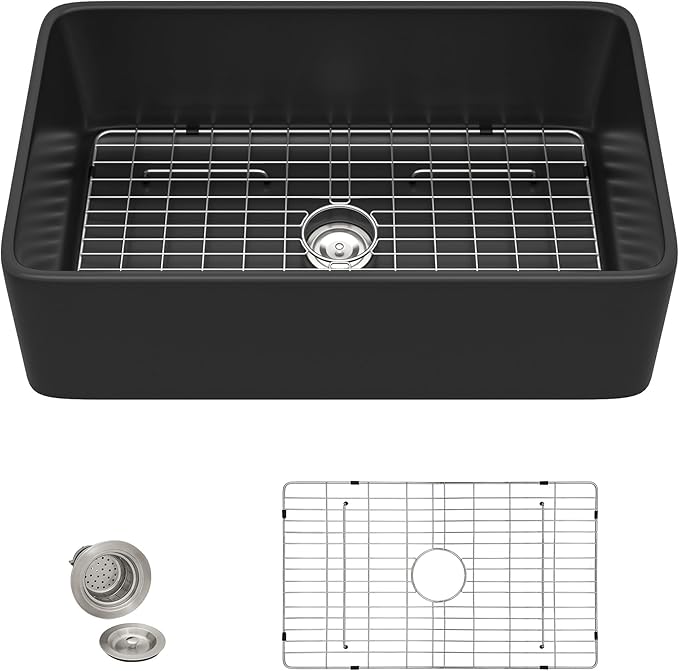 33"x20" Black Farmhouse Sink – Flat Apron Front Matte Black Porcelain Ceramic Fireclay Deep Single Bowl Farm Kitchen Sink Basin