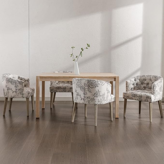 Mid-Century Dining Chairs Set of 4, Tufted Upholstered Linen Dining Room Chairs Comfy Side Chair Armchair Guest Chair with Wooden Legs for Dining Room Living Room, Floral Pattern