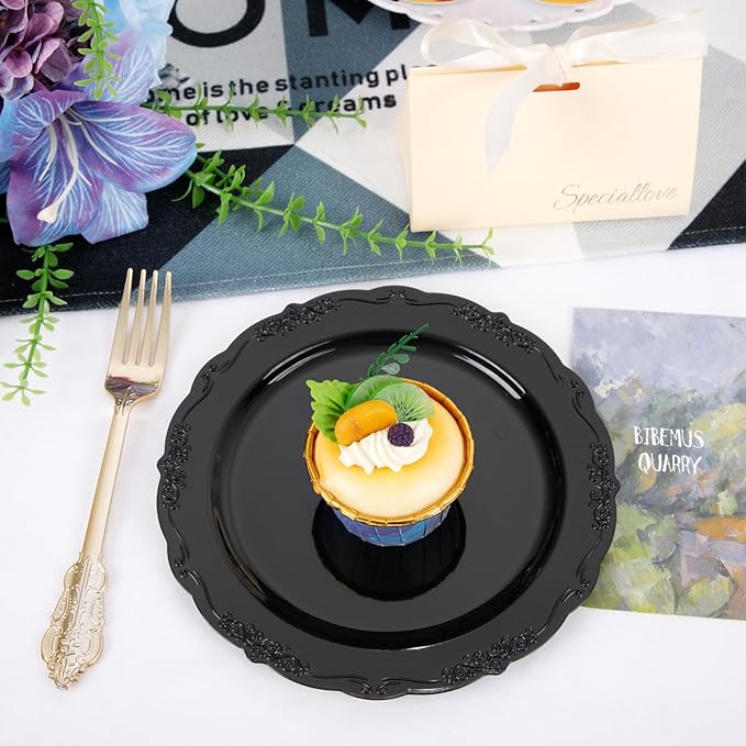 DaYammi 36PCS Black Plastic Plates, Heavy Duty Black Disposable Plates Premium 7.5 inch Dessert Cake Salad Appetizer Platos Hard Plastic Platos Disposable for Party